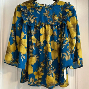 Happy Nature by Kate Hudson Beautiful Blue Gold Floral‎ Blouse. Size Small. NWT.